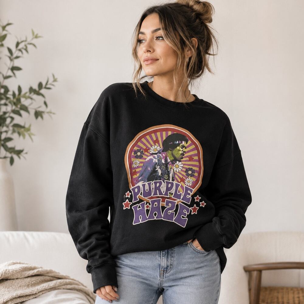 Jimi Hendrix Purple Haze Medium Black Graphic Crewneck Sweatshirt 2021